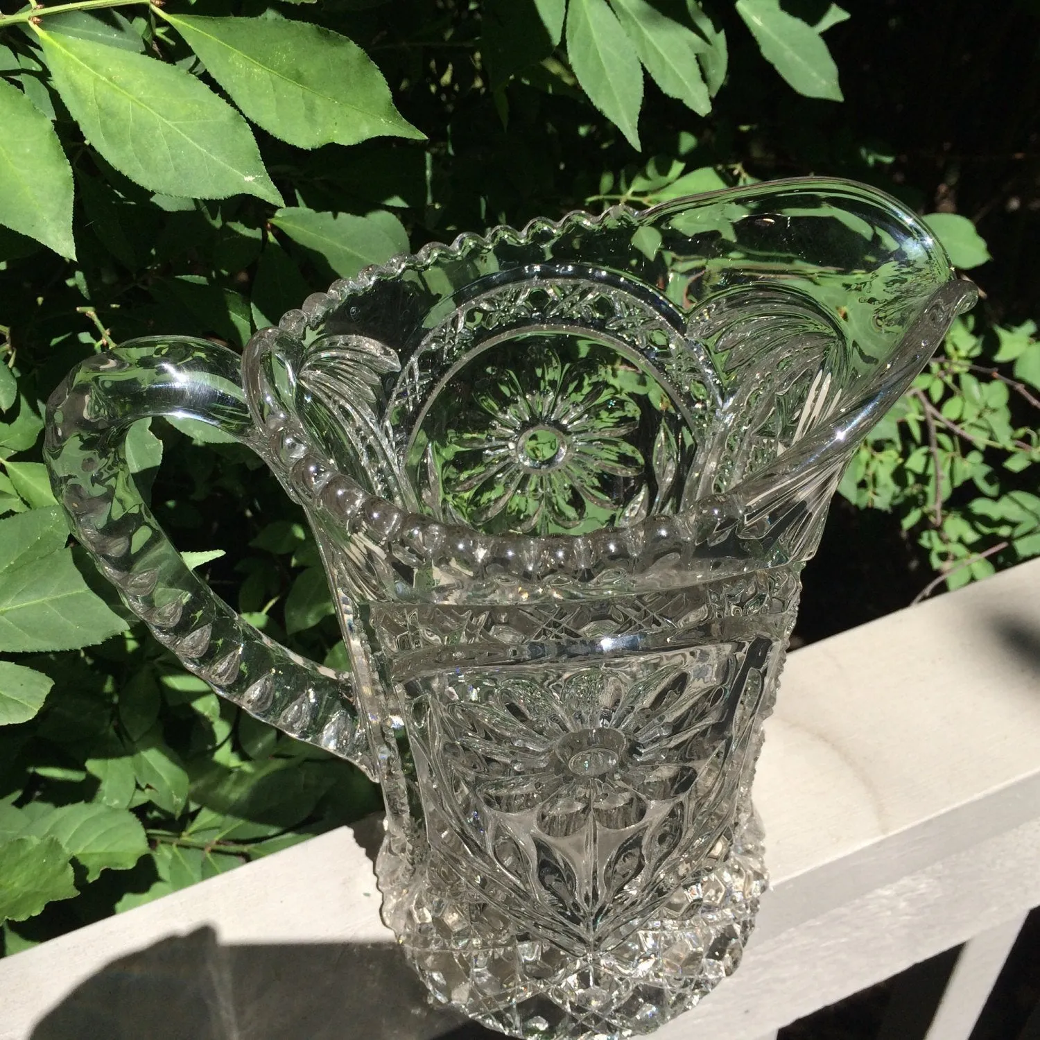 Vintage Glassware Pitcher in Pressed Glass Daisy Pattern. Barware. Servingware. Water Pitcher.