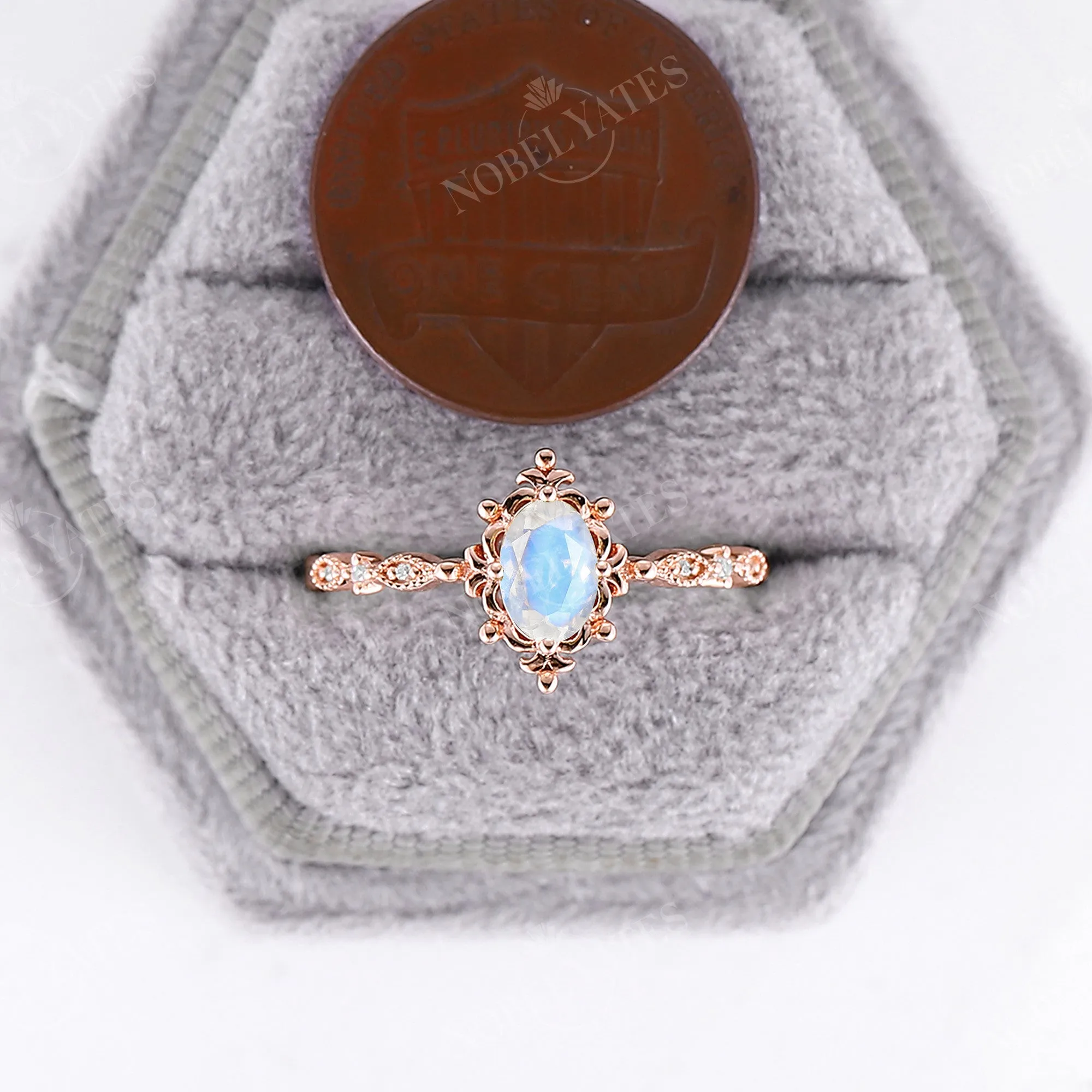 Vintage Oval Cut Moonstone Rose Gold Milgrain Engagement Ring