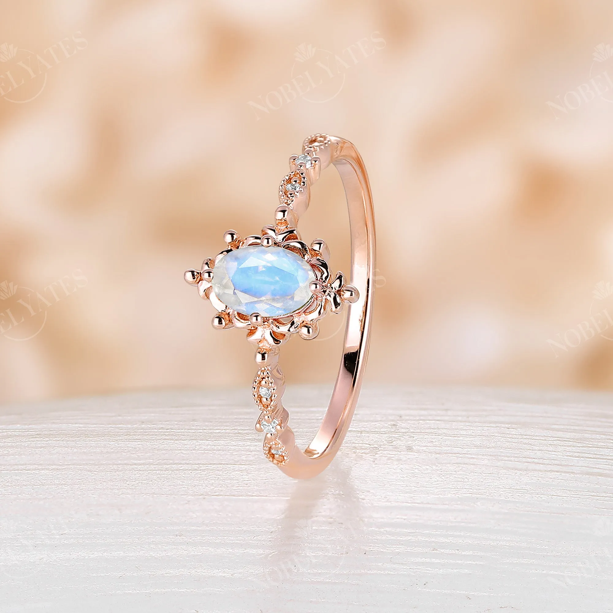 Vintage Oval Cut Moonstone Rose Gold Milgrain Engagement Ring