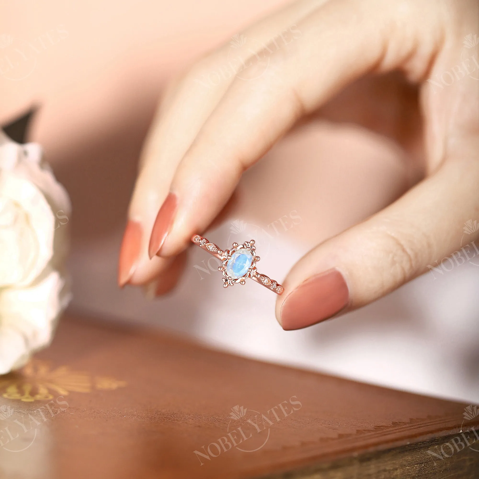 Vintage Oval Cut Moonstone Rose Gold Milgrain Engagement Ring