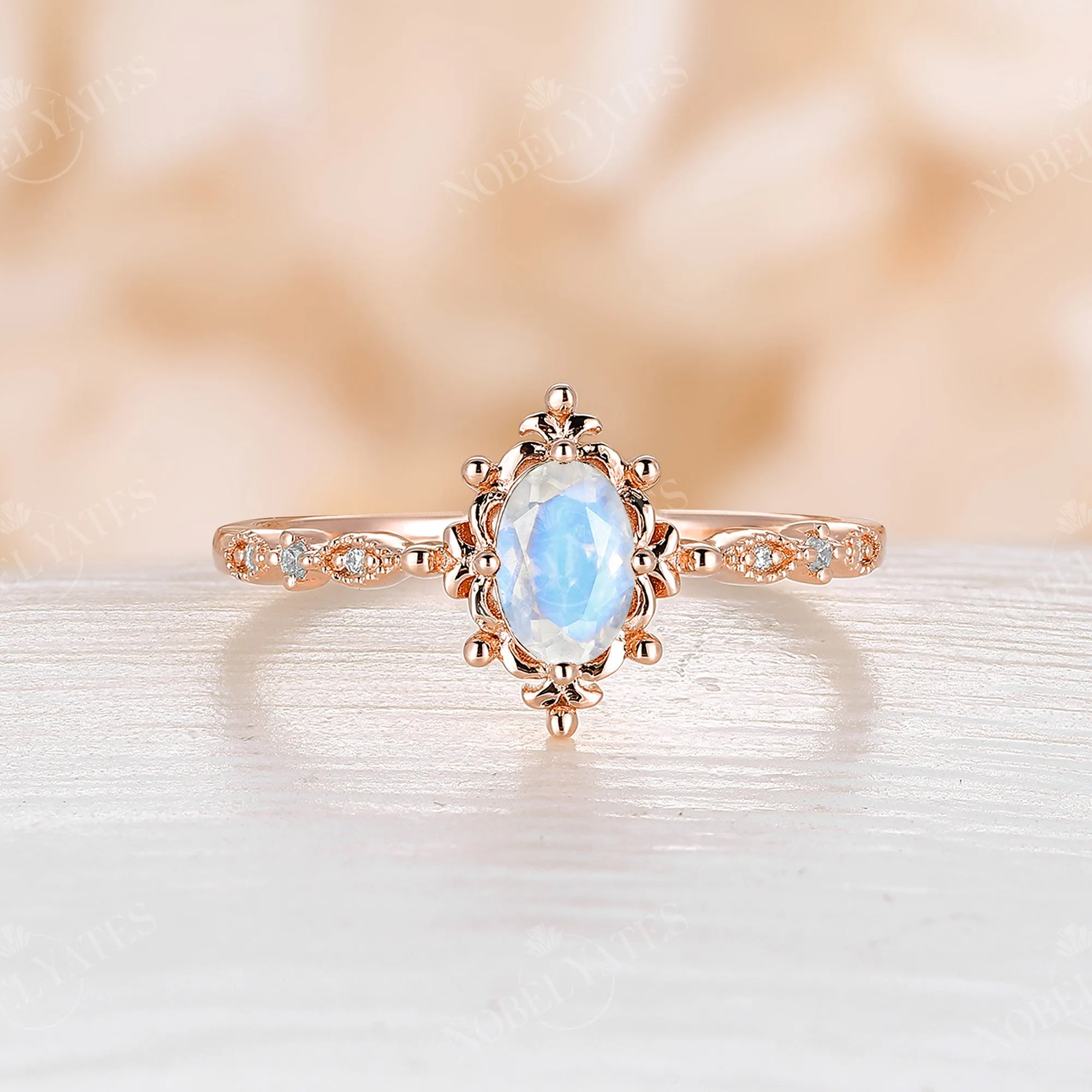 Vintage Oval Cut Moonstone Rose Gold Milgrain Engagement Ring