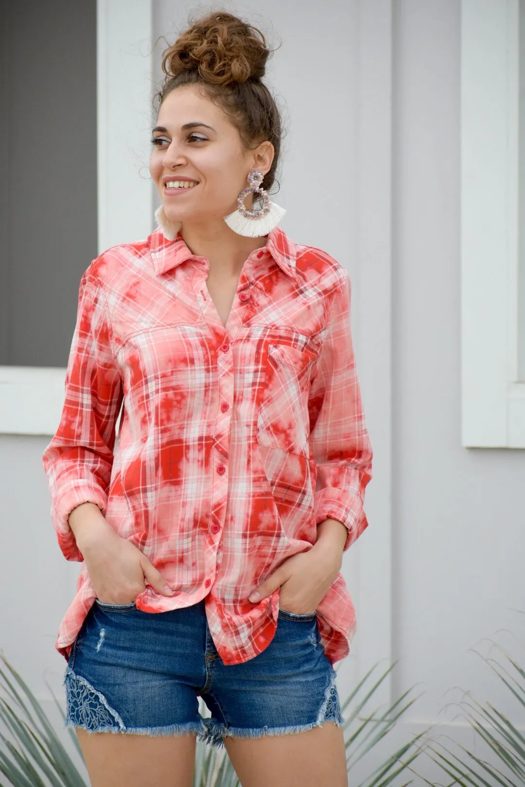 Your Goodness Coral Plaid Top