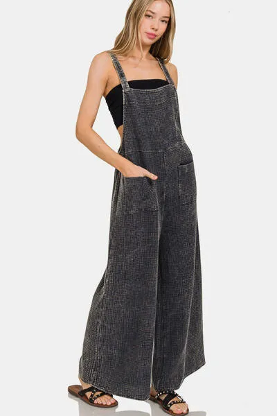 Zenana Washed Double Gauze Elastic Waist Wide Leg Overalls