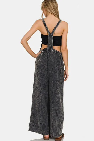 Zenana Washed Double Gauze Elastic Waist Wide Leg Overalls